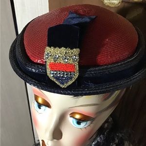 Red and navy vintage straw embellished hat
